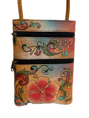 Anuschka Hand-Painted Leather Crossbody Bag Floral Motif India 🇮🇳